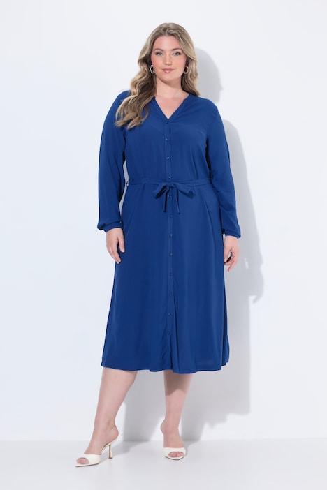 Robe midi avec ceinture à nouer, patte de boutonnage et manches longues, coupe évasée