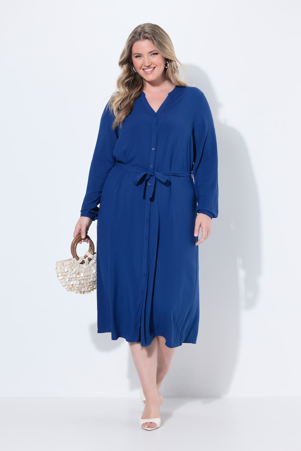 Midikleid, A-Linie, Bindegürtel, Knopfleiste, Langarm