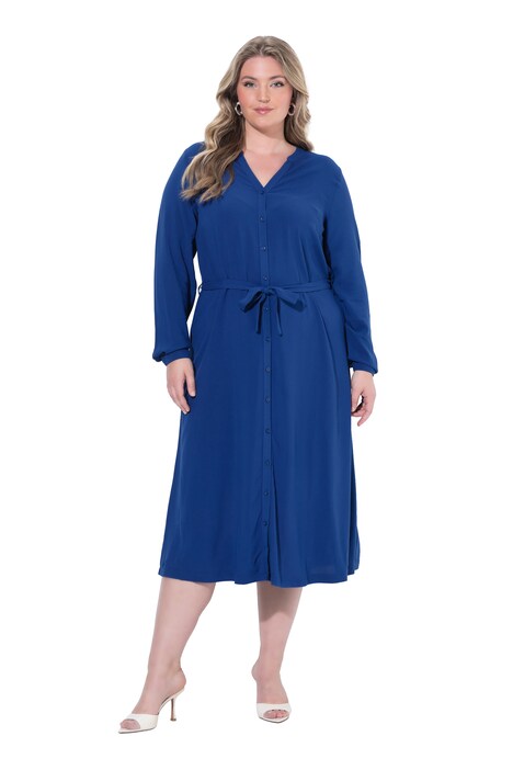 Midi šaty, áčkový střih, zavazovací pásek, zapínání na knoflíky, dlouhé rukávy