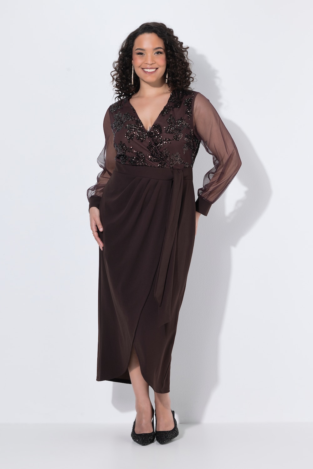 Wickelkleid, Softcups, Pailletten, V-Ausschnitt, Langarm