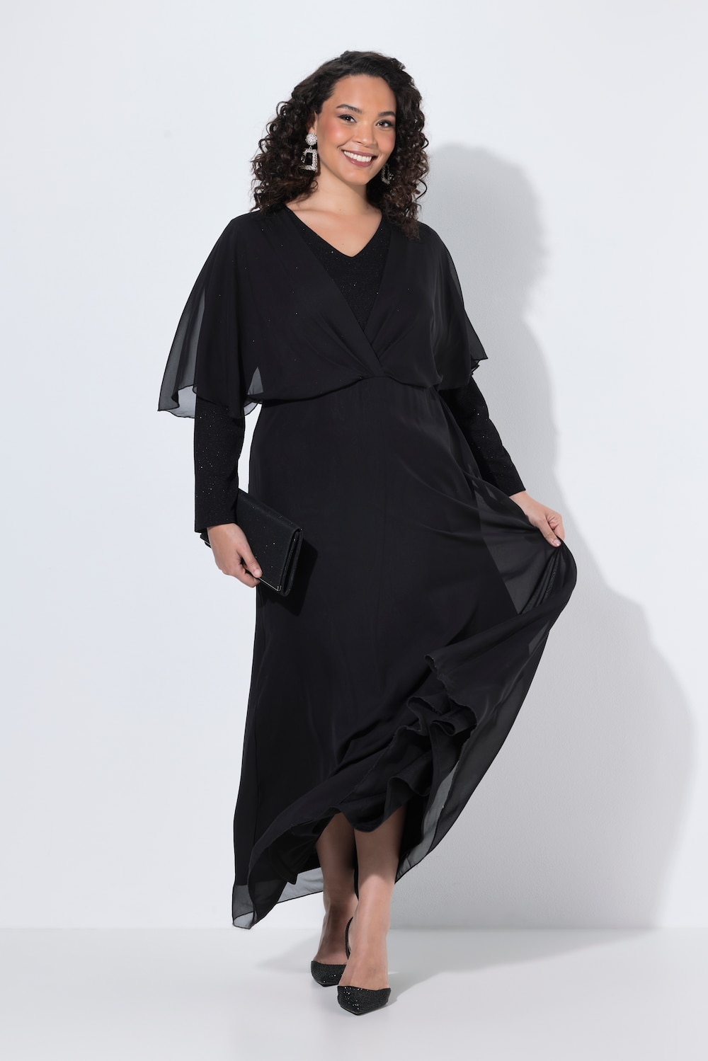 Chiffon-maxikjole, glitter, V-hals, lange ermer
