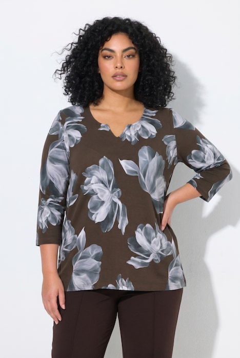 Shirt, Blüten, A-Linie, Tunika-Ausschnitt, 3/4-Arm