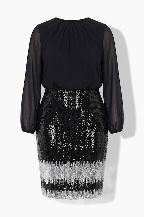 Jerseykleid, Paillettenrock, Rundhals, Ballon-Langarm