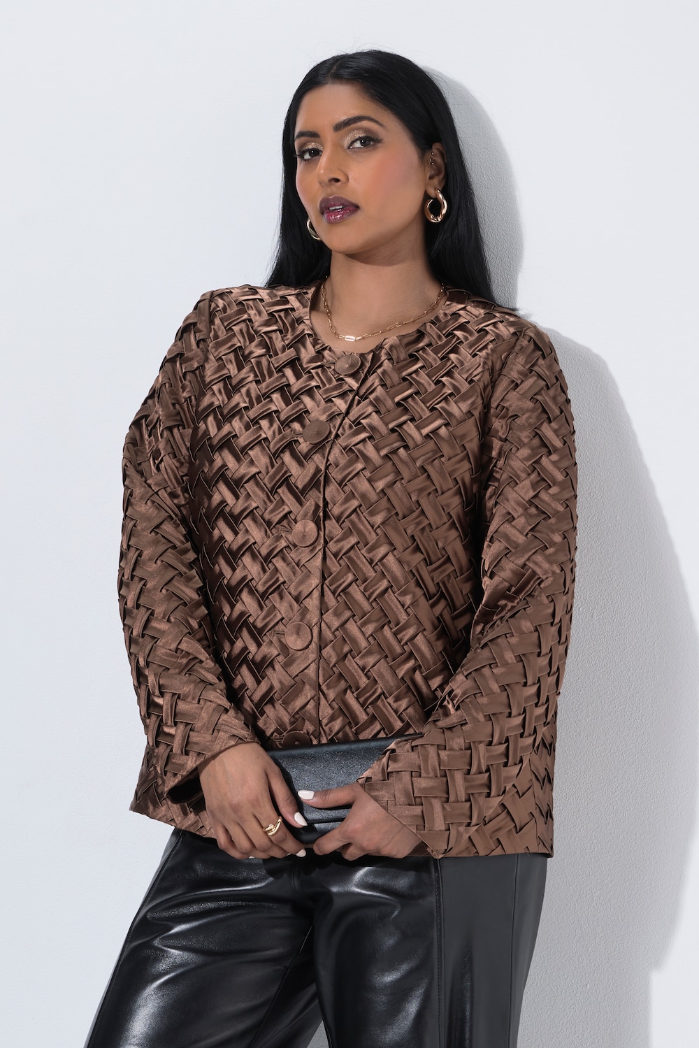 Satin-Jacke, Flecht-Design, A-Linie, Langarm