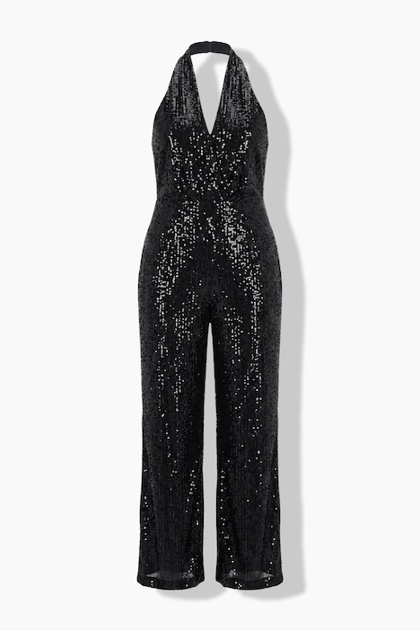 Jumpsuit, Pailletten, Neckholder, V-Ausschnitt, ärmellos