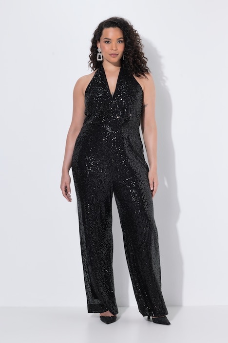 Jumpsuit, Pailletten, Neckholder, V-Ausschnitt, ärmellos