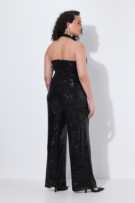 Jumpsuit, Pailletten, Neckholder, V-Ausschnitt, ärmellos