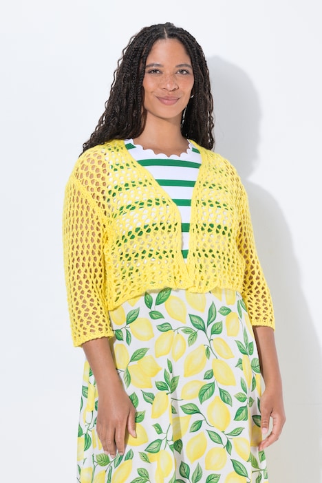 Strickjacke, oversized, offene Jacke, Lochstrick, 3/4-Ärmel