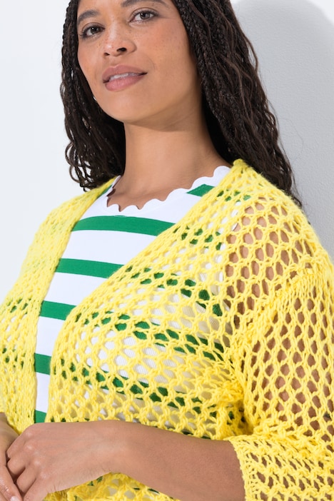 Strickjacke, oversized, offene Jacke, Lochstrick, 3/4-Ärmel