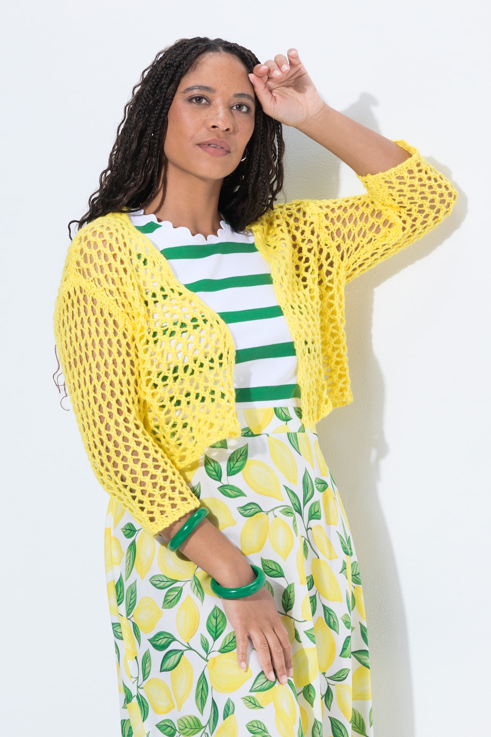 Strickjacke, oversized, offene Jacke, Lochstrick, 3/4-Ärmel