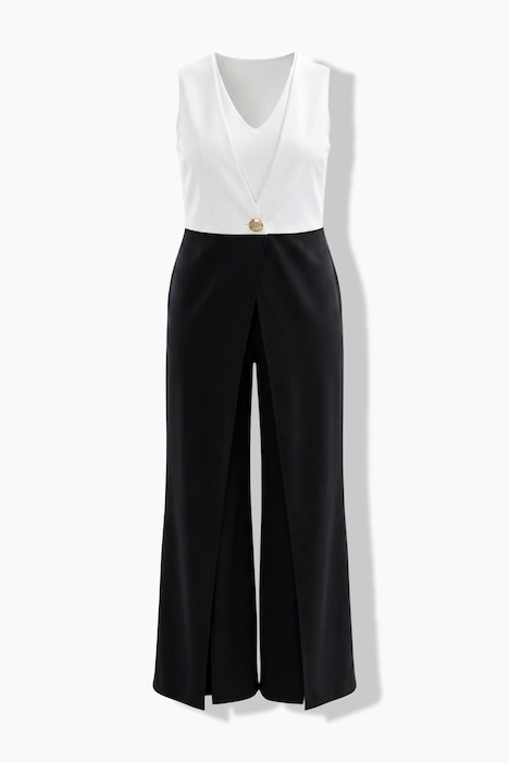 Jumpsuit, V-Ausschnitt, Brosche, weites Bein, ärmellos