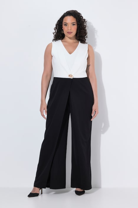 Jumpsuit, V-Ausschnitt, Brosche, weites Bein, ärmellos