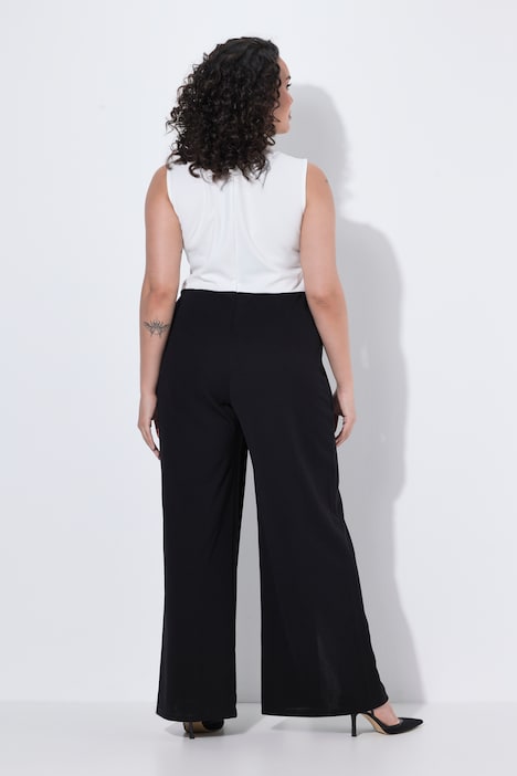 Jumpsuit, V-Ausschnitt, Brosche, weites Bein, ärmellos