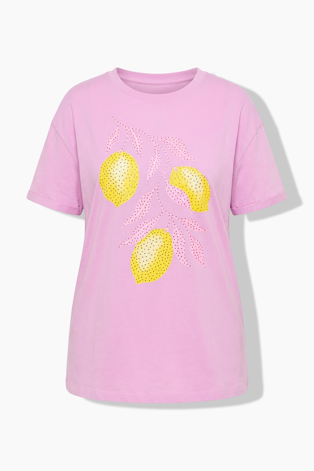 Stora storlekar T-shirt i boxig passform med strass och citronmotiv, Dam, rosa, storlek: 42, Bomull, Mia Moda