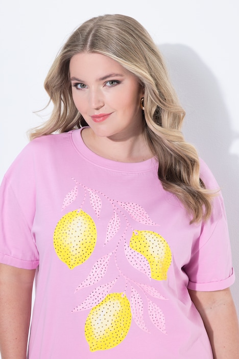 T-Shirt, Boxy Fit, Glitzersteinchen, Zitronen-Motiv