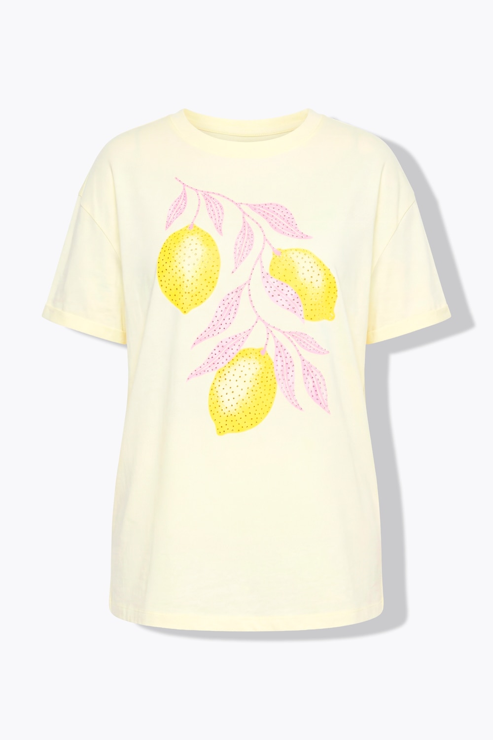 Stora storlekar T-shirt i boxig passform med strass och citronmotiv, Dam, gul, storlek: 58, Bomull, Mia Moda