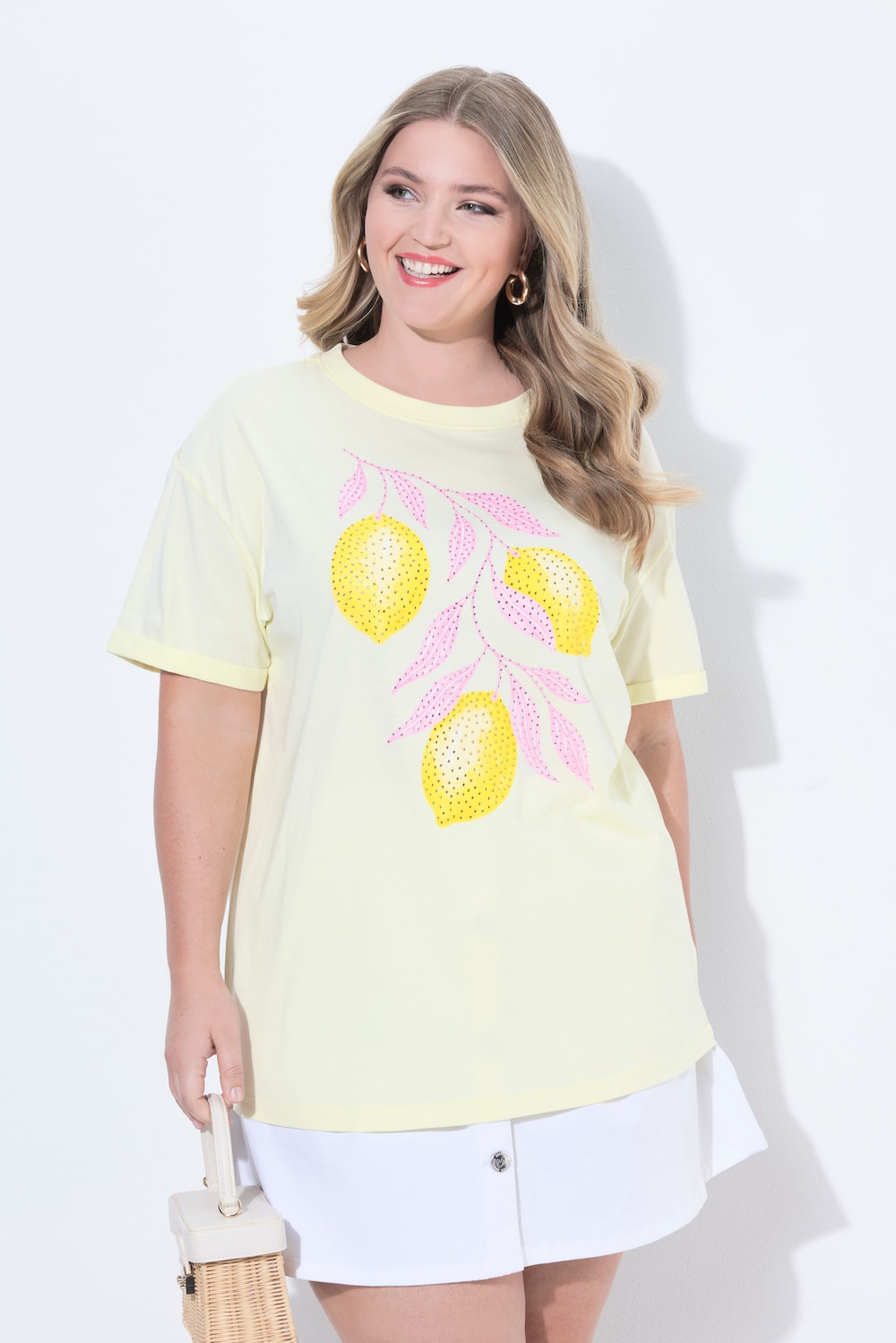 T-Shirt, Boxy Fit, Glitzersteinchen, Zitronen-Motiv