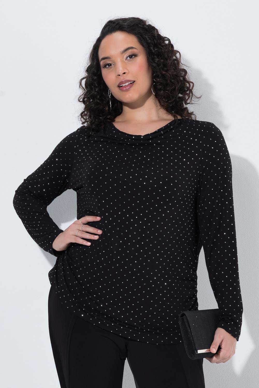 Shirt, Ziersteine, Slim, Wasserfall-Ausschnitt, Langarm