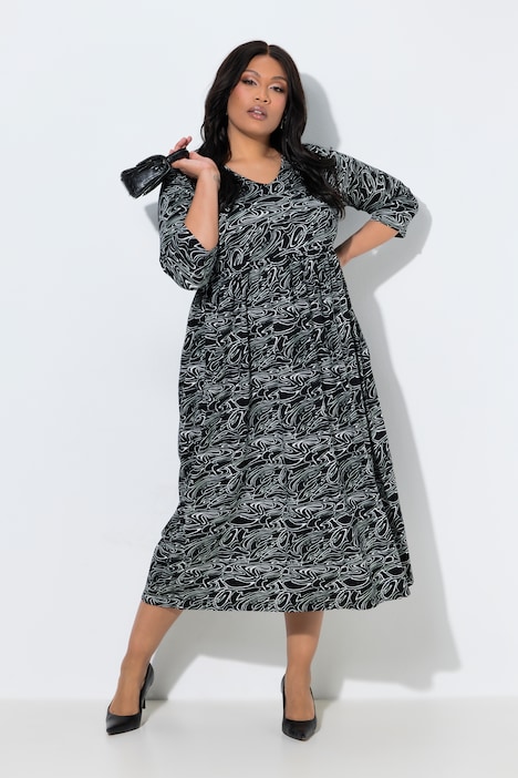 Wave Print 3/4 Sleeve Empire Waist Pocket Dress