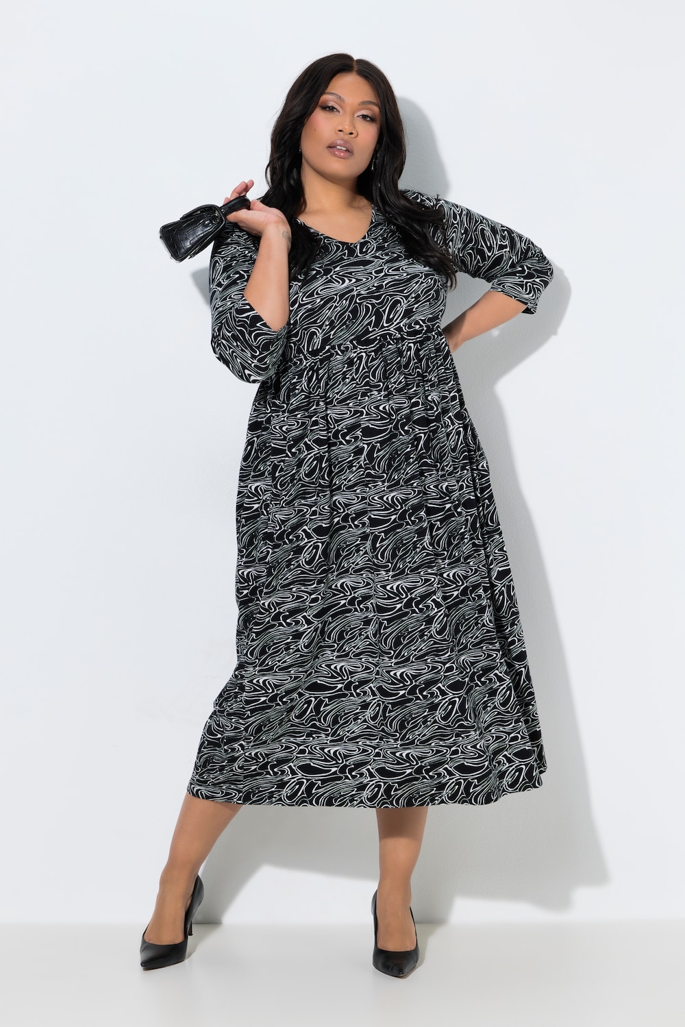 Maxikleid, bedruckt, V-Ausschnitt, 3/4-Arm, Taschen