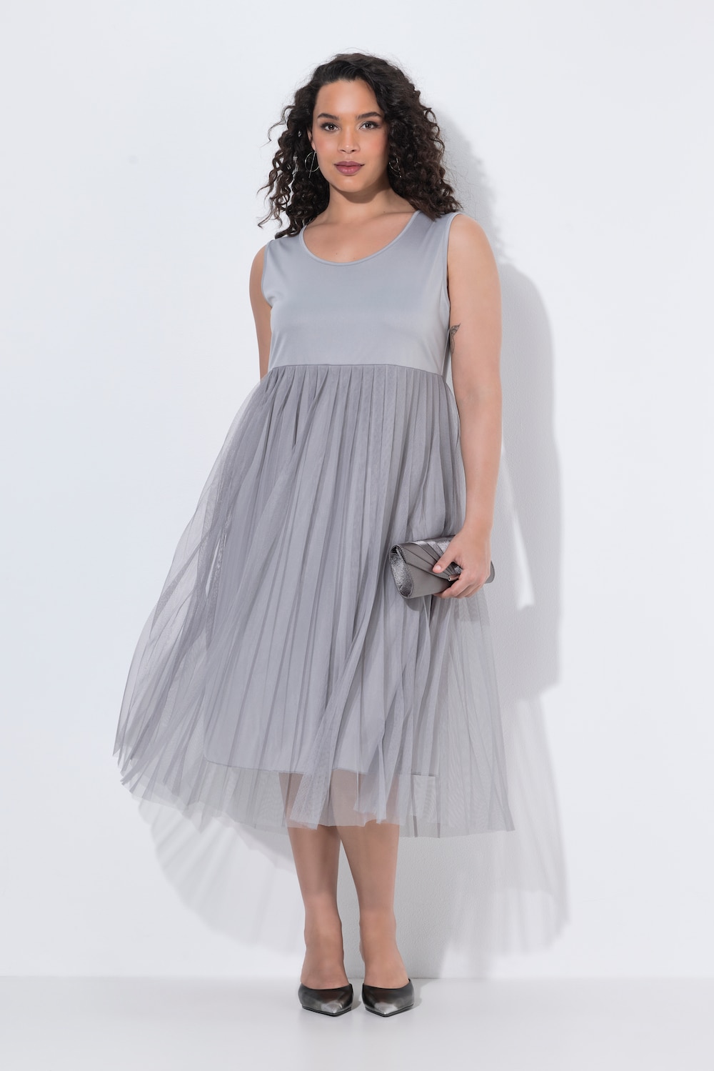 Midikleid, Plisseerock, A-Linie, Rundhalsausschnnitt