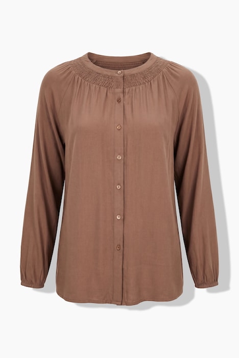 Bluse, gesmokter Rundhalsausschnitt, Langarm