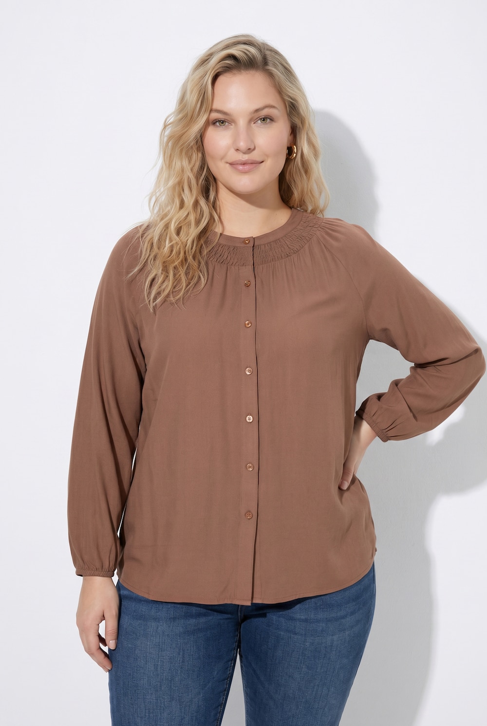 Bluse, gesmokter Rundhalsausschnitt, Langarm