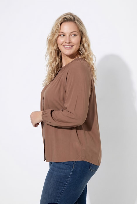 Bluse, gesmokter Rundhalsausschnitt, Langarm
