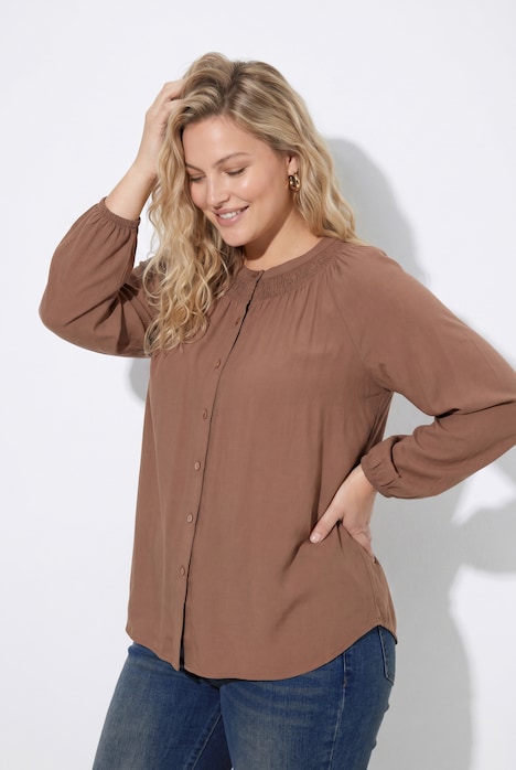Bluse, gesmokter Rundhalsausschnitt, Langarm