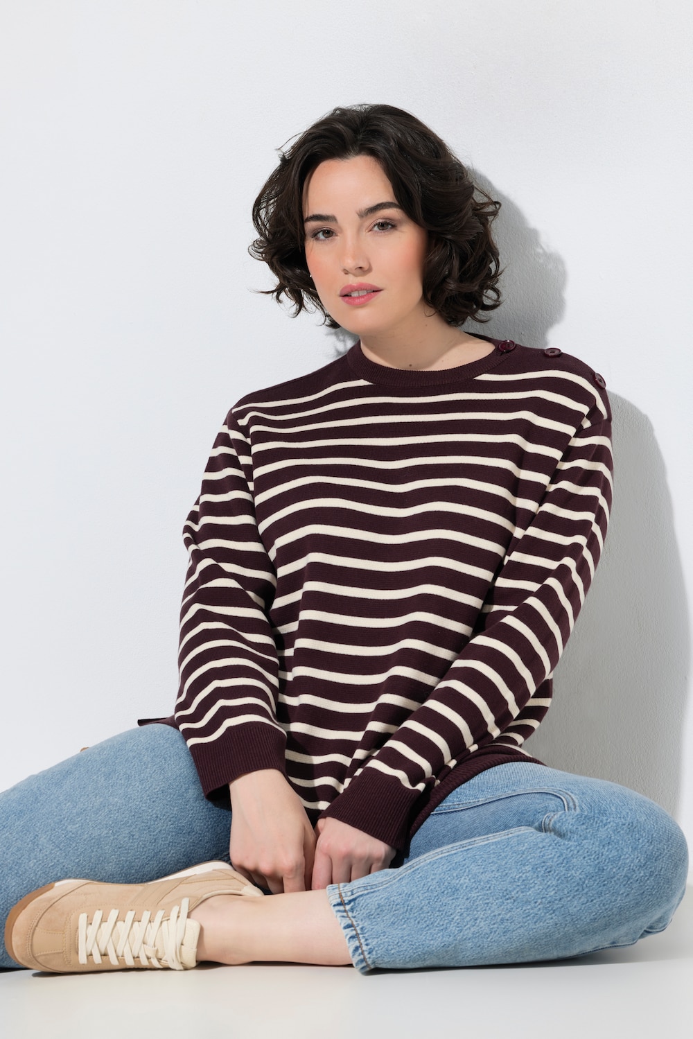 Pullover, Ringel, Knopfleiste, Rundhals, Langarm