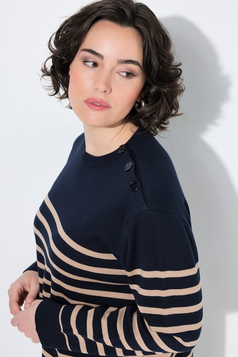 Pullover, Ringel, Knopfleiste, Rundhals, Langarm
