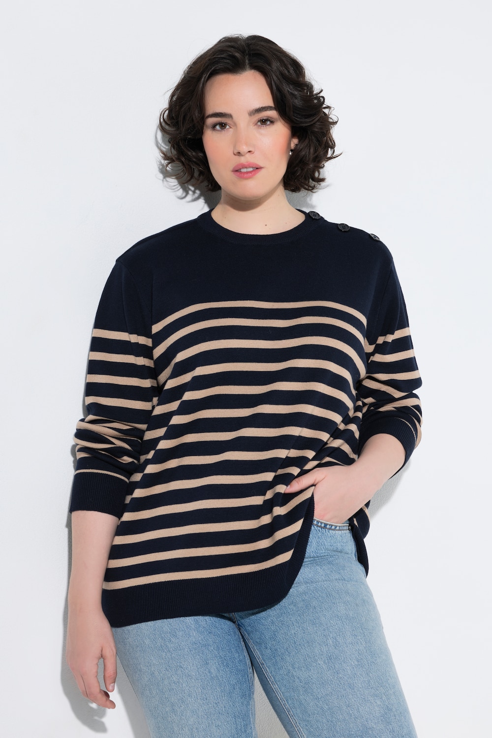 Pullover, Ringel, Knopfleiste, Rundhals, Langarm