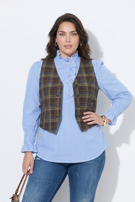 Gilet à carreaux, dentelle et  col en V, modèle sans manches