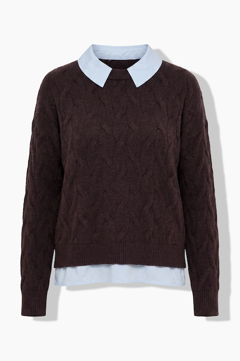 2-in-1-Pullover, Zopfmuster, Hemdkragen, Langarm