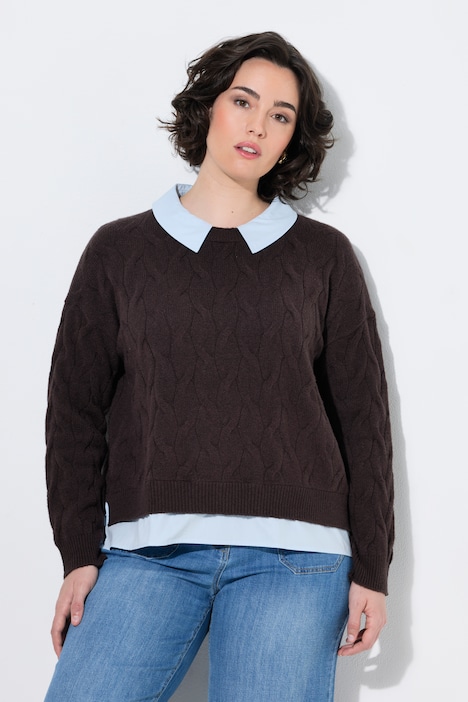 2-in-1-Pullover, Zopfmuster, Hemdkragen, Langarm