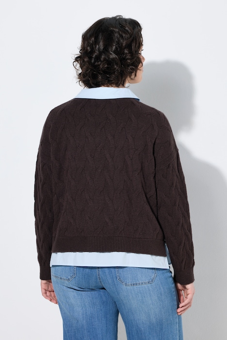 2-in-1-Pullover, Zopfmuster, Hemdkragen, Langarm