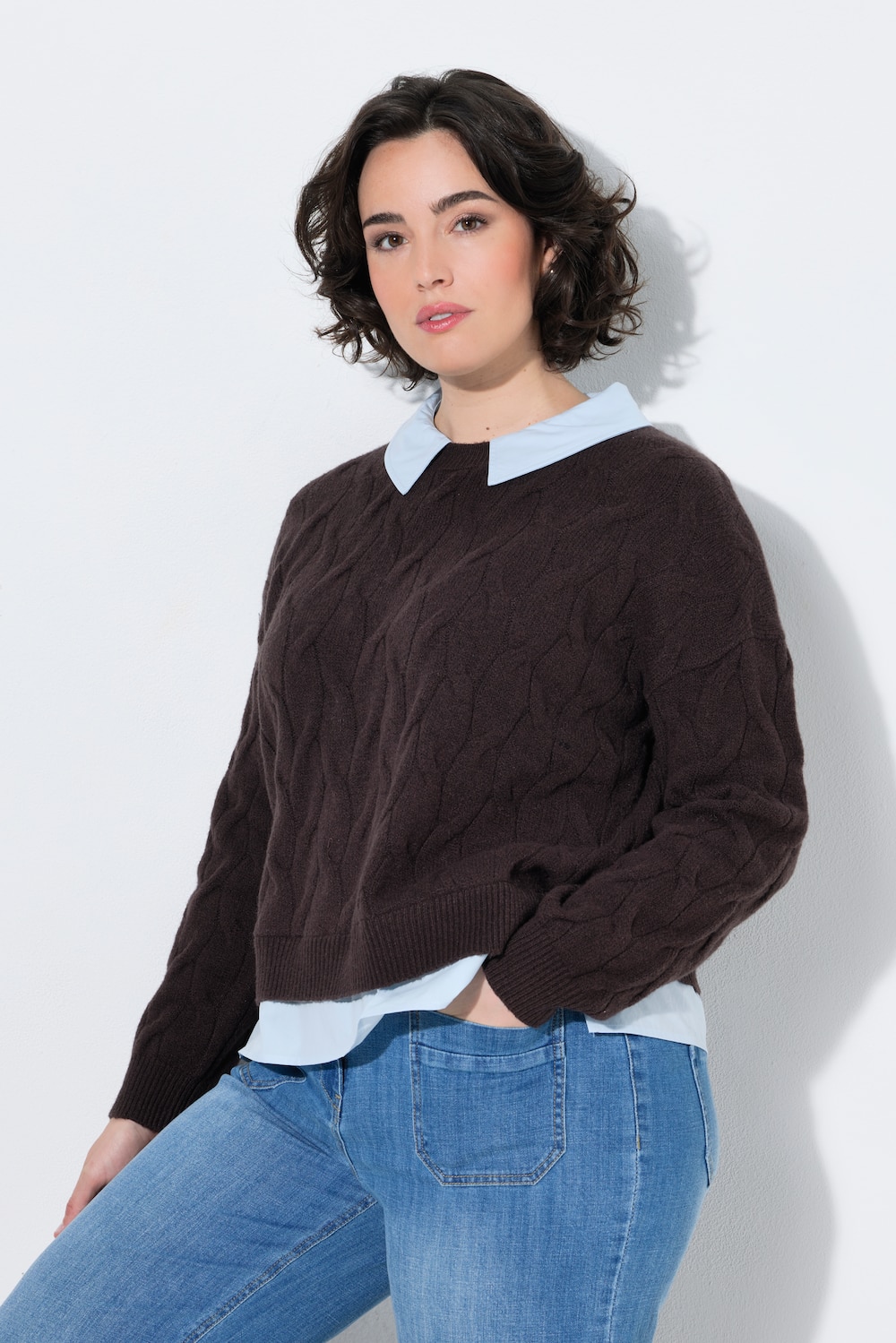 2-in-1-Pullover, Zopfmuster, Hemdkragen, Langarm