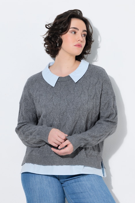 2-in-1-Pullover, Zopfmuster, Hemdkragen, Langarm