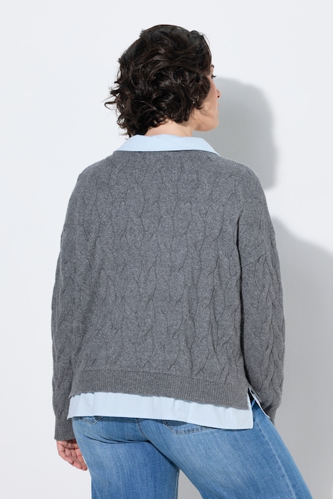 2-in-1-Pullover, Zopfmuster, Hemdkragen, Langarm