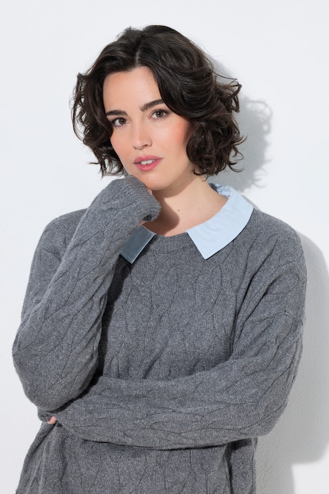 2-in-1-Pullover, Zopfmuster, Hemdkragen, Langarm