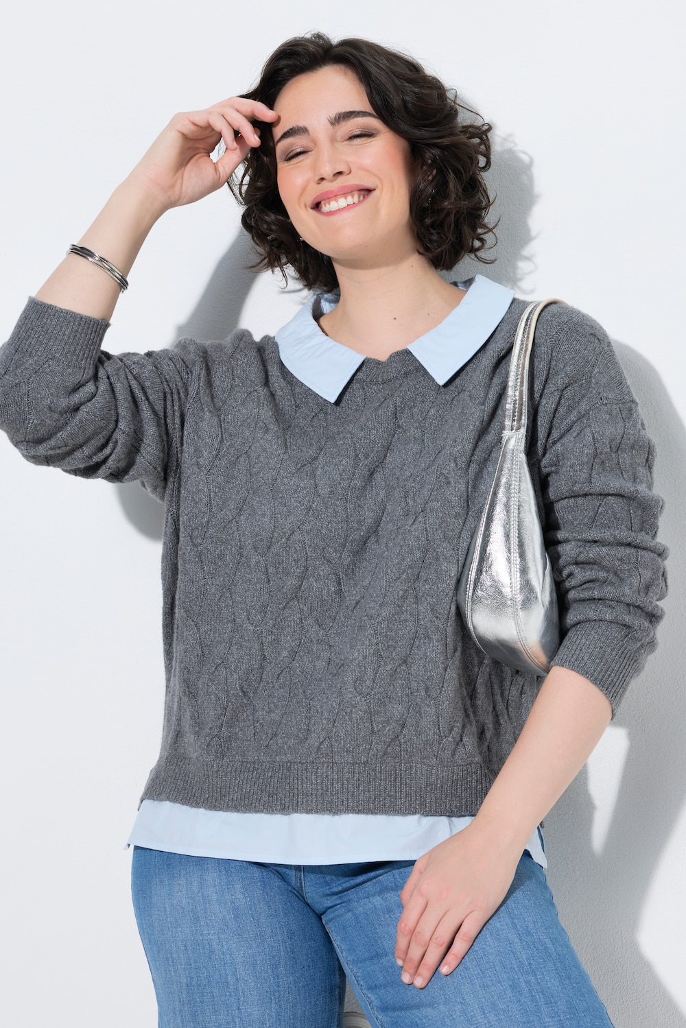 2-in-1-Pullover, Zopfmuster, Hemdkragen, Langarm