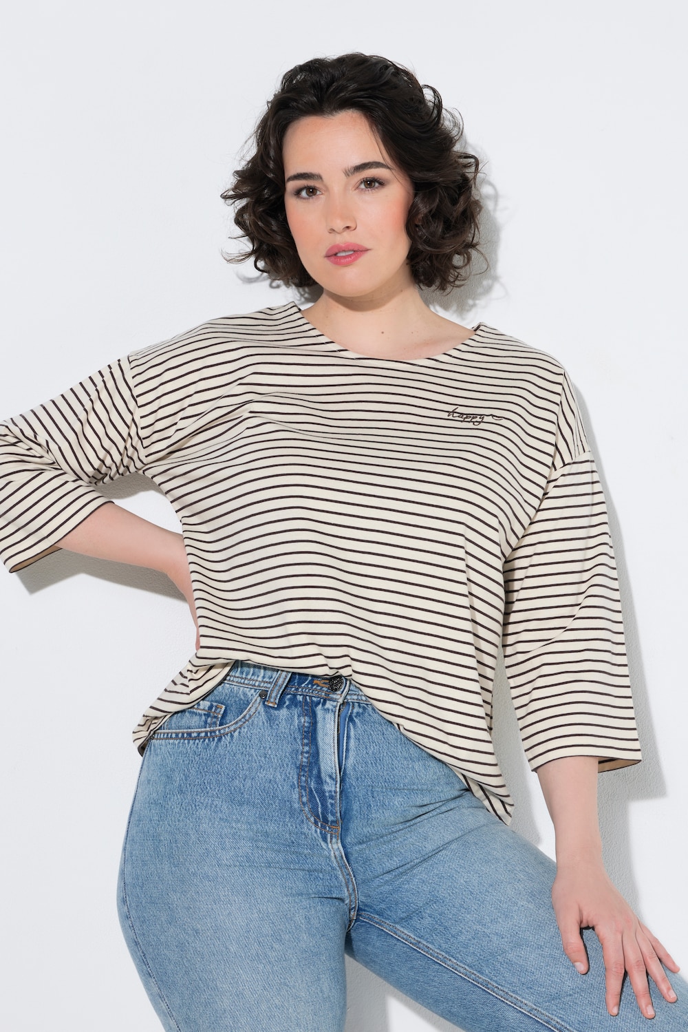 Shirt, Ringel, Stickerei, Rundhals, 3/4-Arm