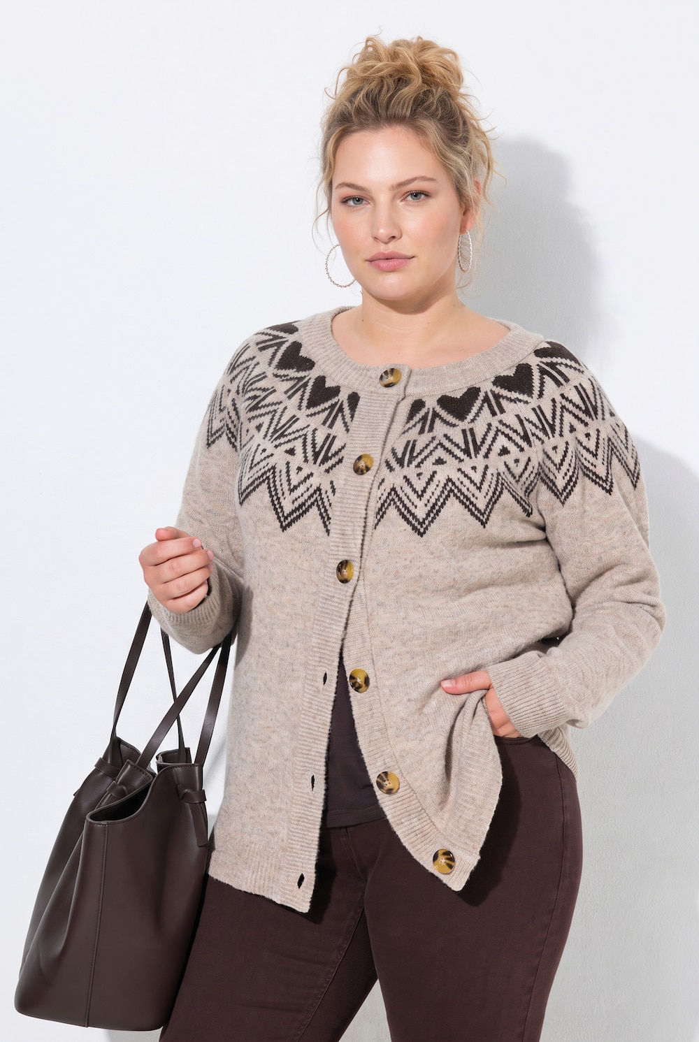 Strickjacke, Norwegermuster, Rundhals, Langarm