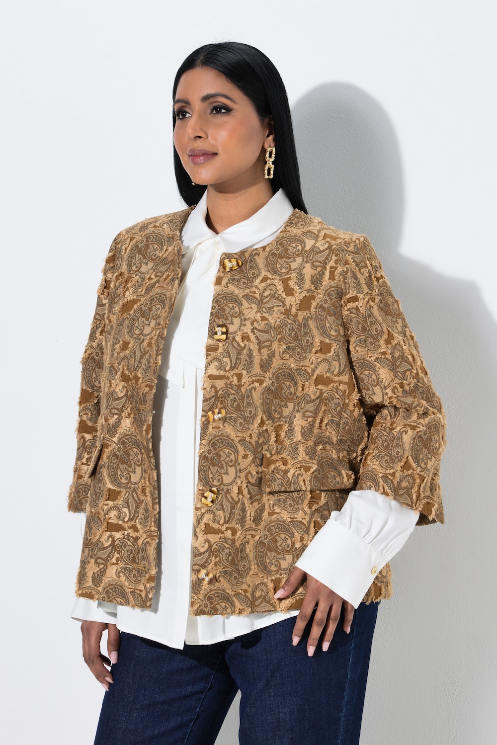 Jacke, Jacquard-Fransendesign, Rundhals, 3/4-Arm