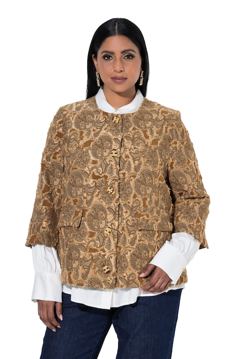 Bunda, žakárový design s třásněmi, kulatý výstřih, 3/4 rukávy
