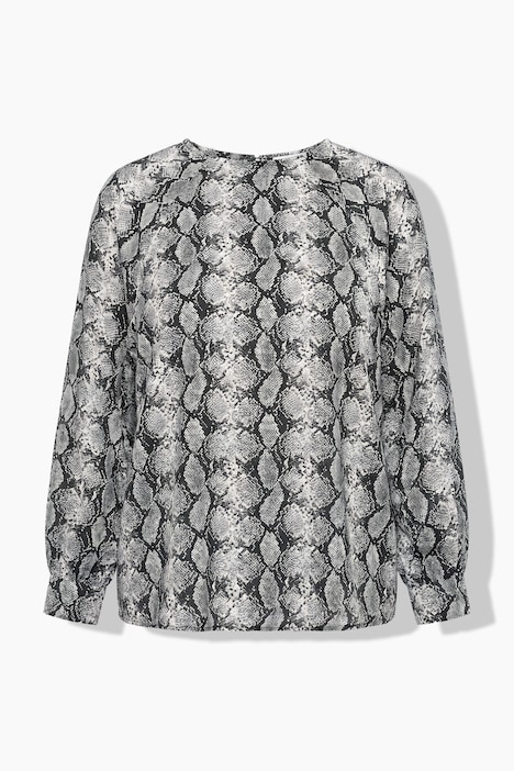 Chemisier motif peau de serpent, cordons de serrage sous tunnel, décolleté rond et manches longues