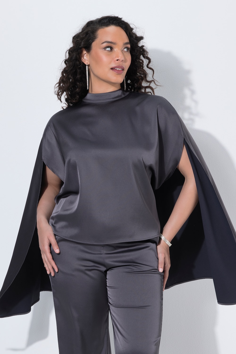 Capebluse, Satin, Oversized, Stehkragen