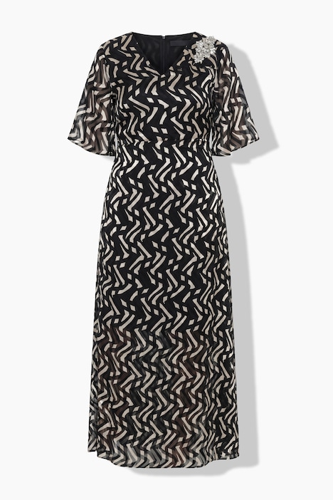 Robe longue en tissu dévoré, décolleté en V et manches en cloche
