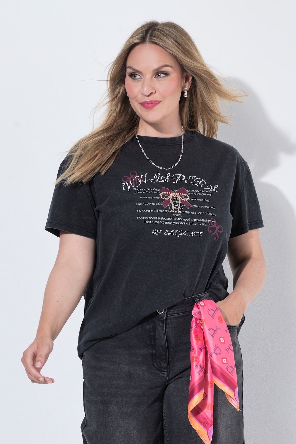 T-Shirt, Boxy Fit, Druck, Zierperlen-Schleife