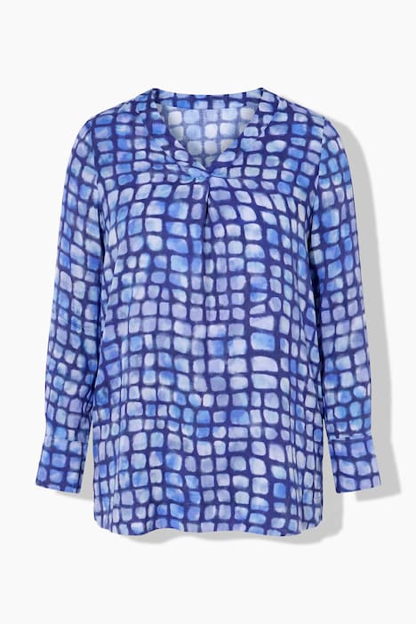 Satin-Bluse, Karo, Zierfalte, V-Ausschnitt, Langarm